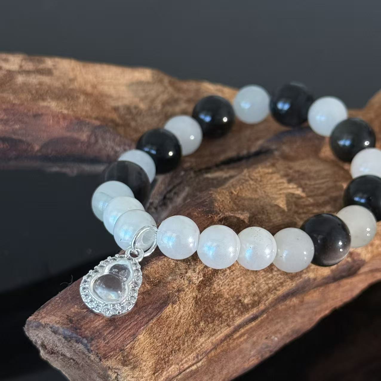 Handcrafted Obsidian & White Moonstone Crystal Bracelet — Guardian & Balancing Gemstone Beaded Bracelet (With Pendant)