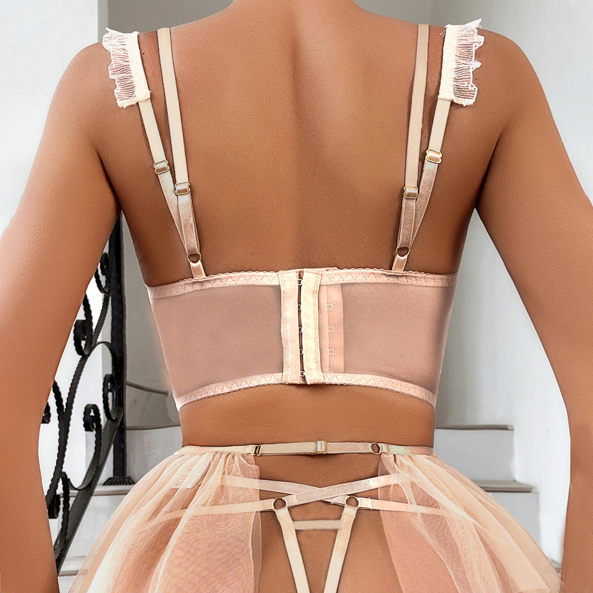 Floral Diamond Quilted Embroidery Strappy Mesh Tutu Dress Lingerie Sets For Women Sexy