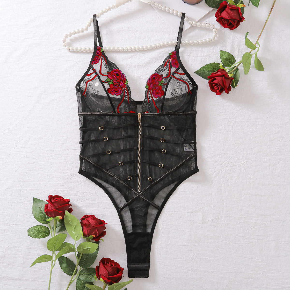 Lace Mesh Transparent V-neck Hollow-out Erotic Sling Bodysuit