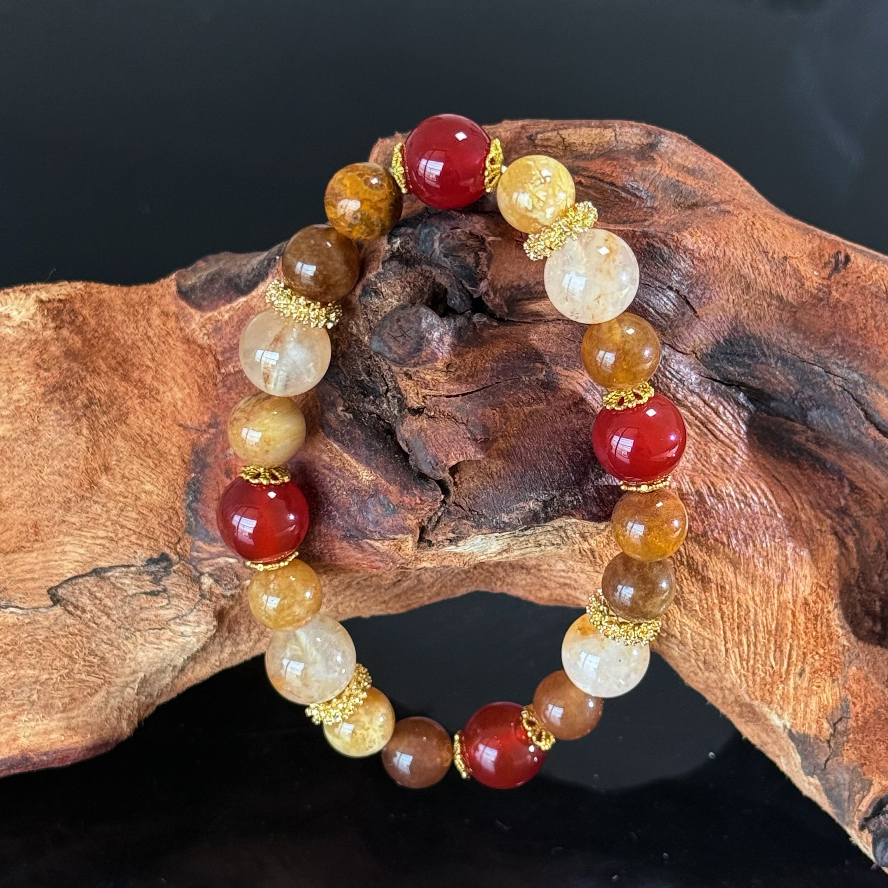 Handmade Multi Stone Crystal Bracelet | Red Agate & Golden Rutilated Quartz Healing Stretch Bracelet