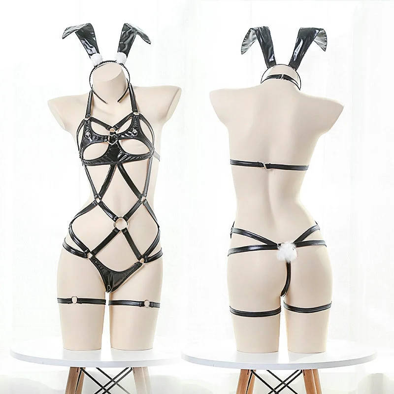 【Free Bunny Ears Headband】SM Bunny Girl Three-piece Leather Lingerie