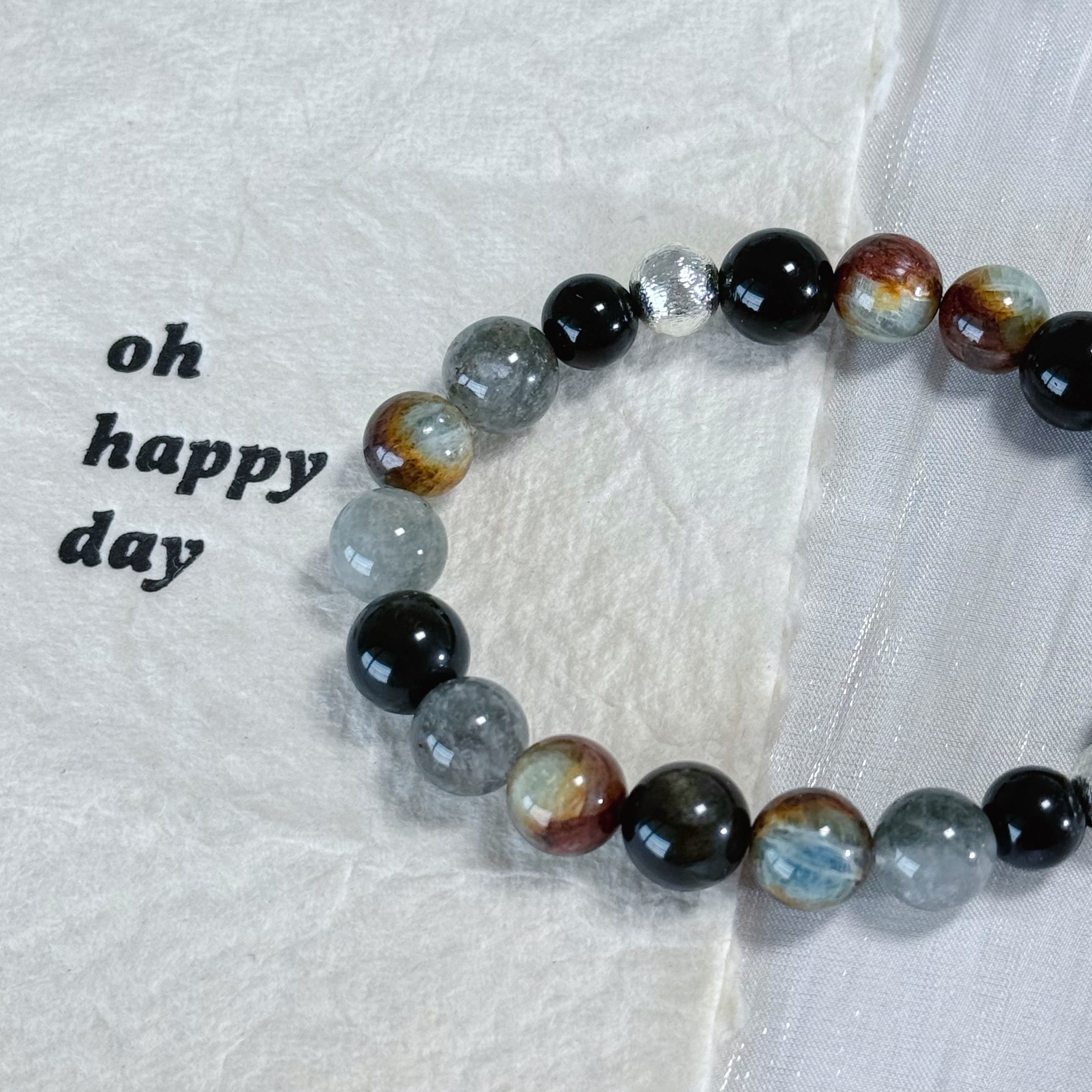 Natural Obsidian & Phantom Quartz Multi-Stone Bracelet | Grounding & Protection Crystal Jewelry
