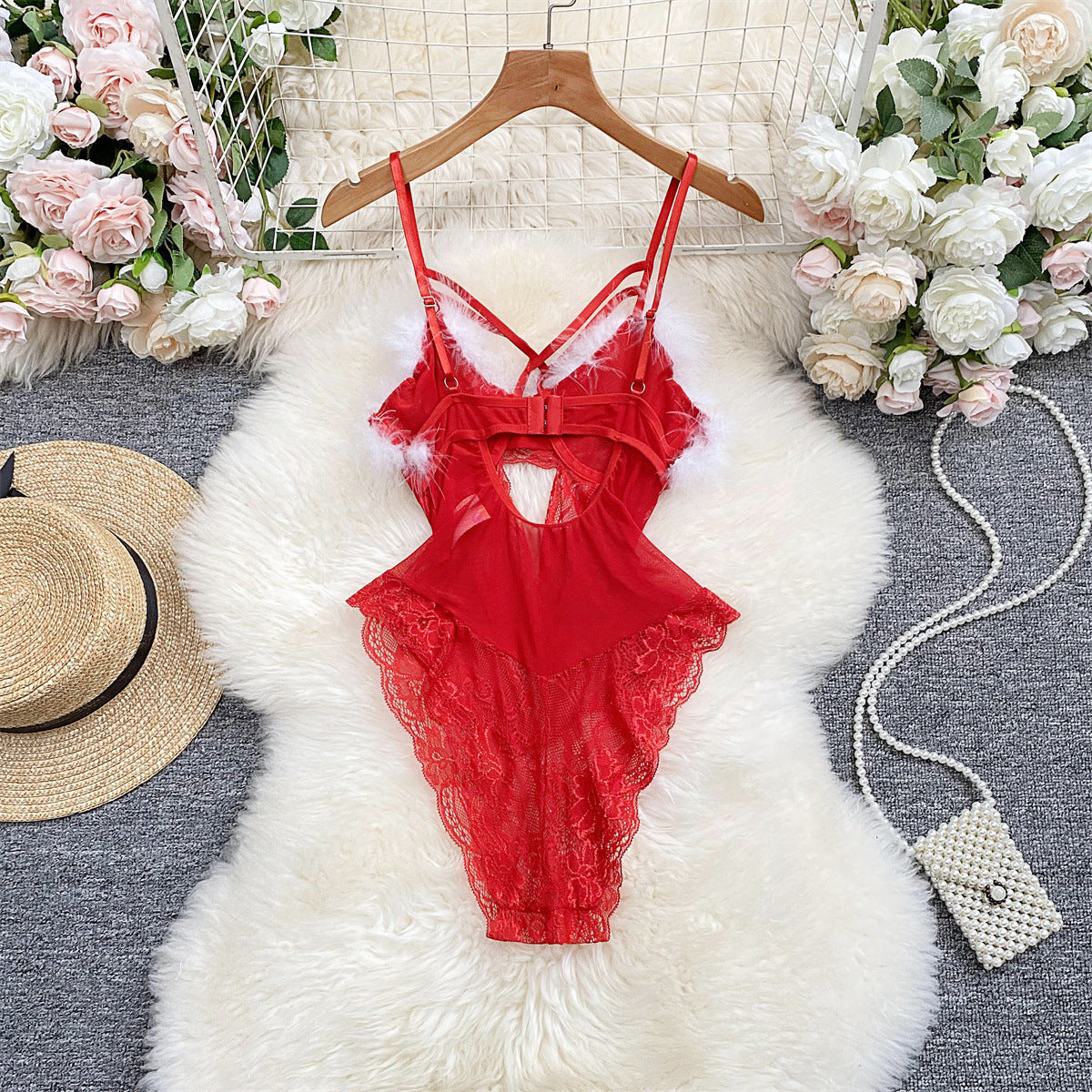 Lingerie Plush Jumpsuit Temptation Suit Lace Mesh with Steel Ring