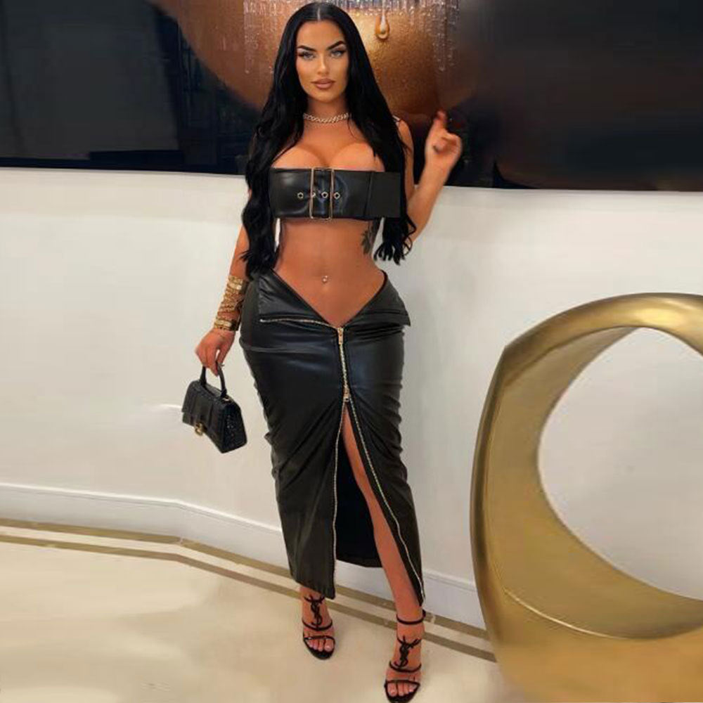 2-Piece Dress Set PU Leather Metal Buckle-Embellished Crop Top Split Package Hip Skirt