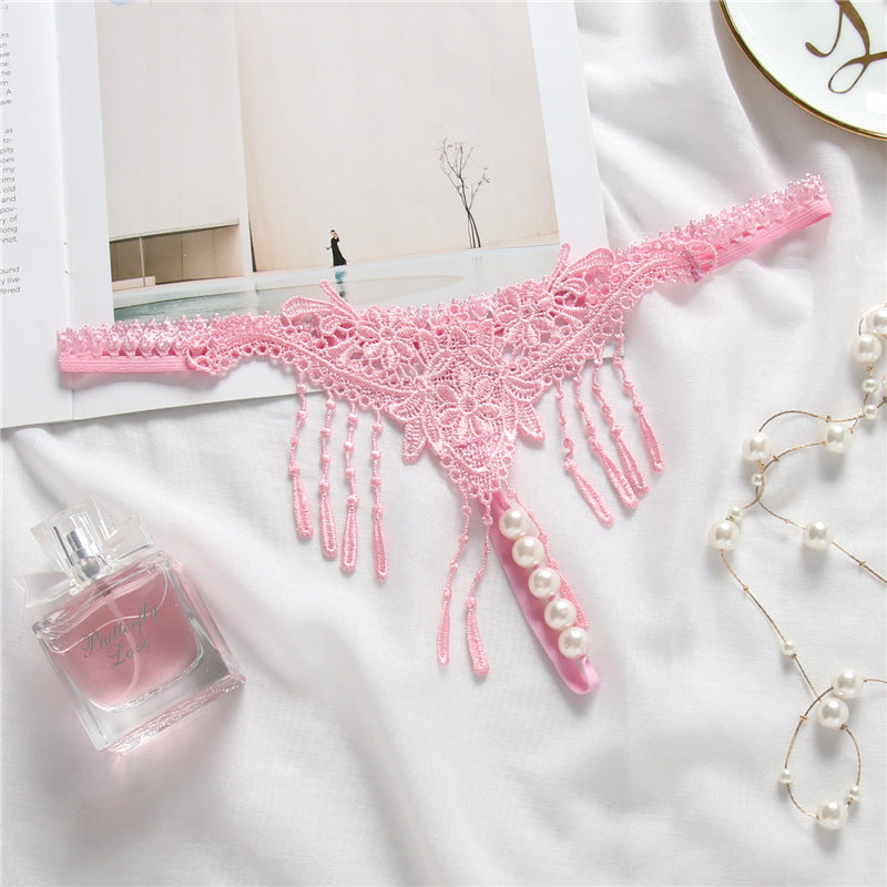 Embroidered Tassel Pearl Open Crotch Thong