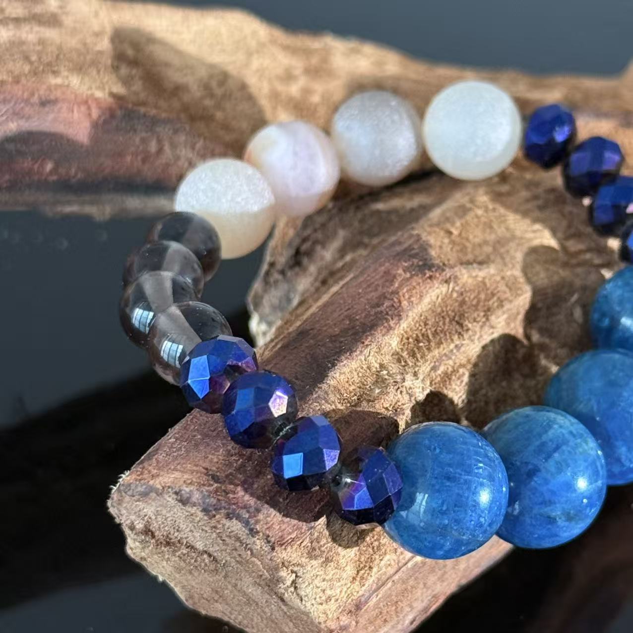 Handcrafted Blue Apatite & Frosted Agate Crystal Bracelet — White Crystal & Faceted Glass Bead Energy Healing Bracelet