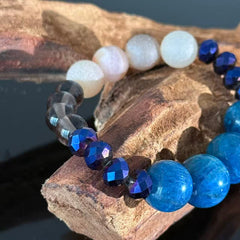 Handcrafted Blue Apatite & Frosted Agate Crystal Bracelet — White Crystal & Faceted Glass Bead Energy Healing Bracelet