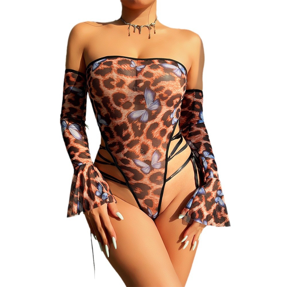 Erotic Pajamas Leopard Butterfly Print Seductive One-piece Bodysuit