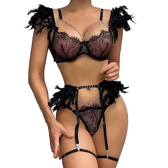Hot Night Angel Feather Lace Ultra-thin Lingerie Suit