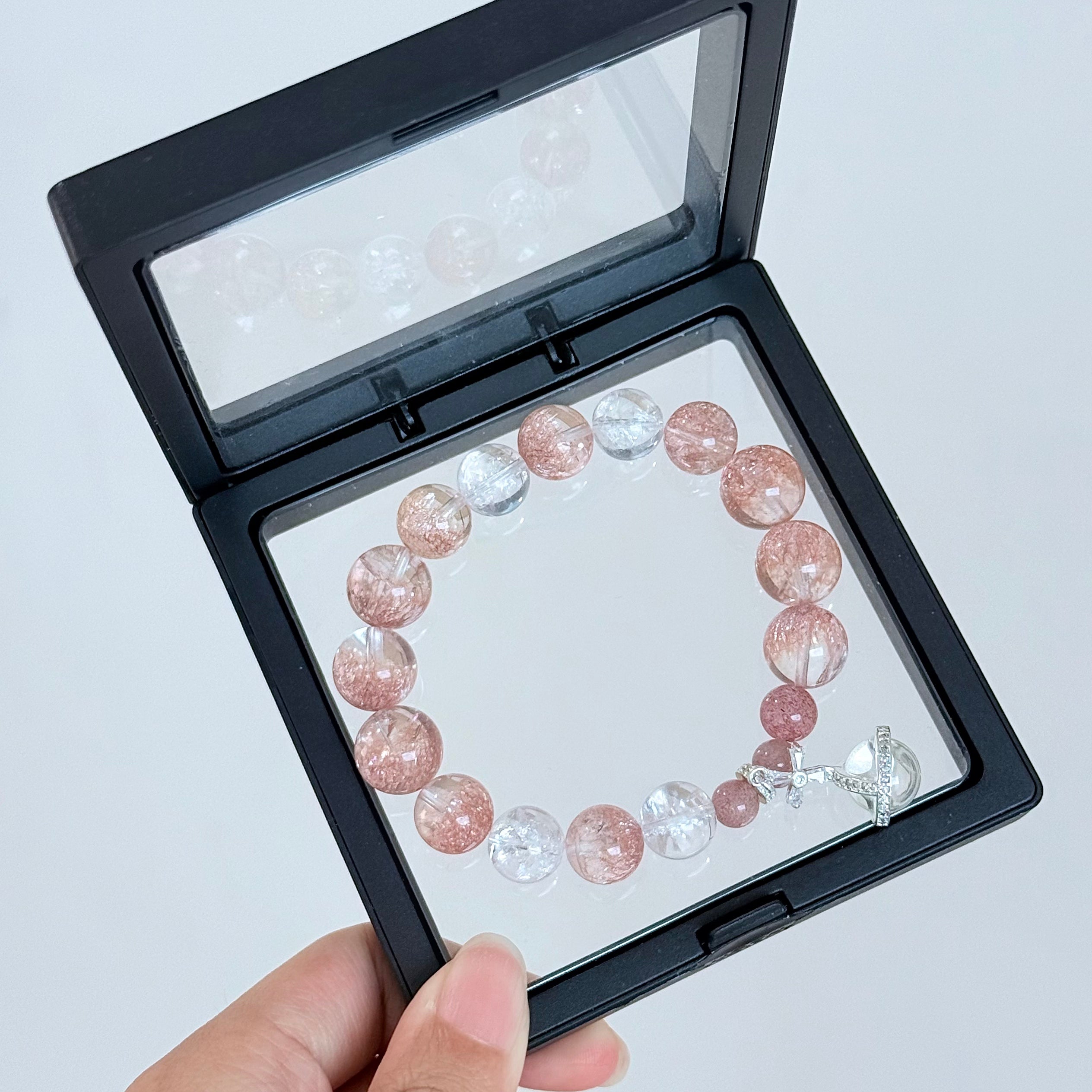 Strawberry Quartz & Clear Quartz Bracelet with Planet Charm