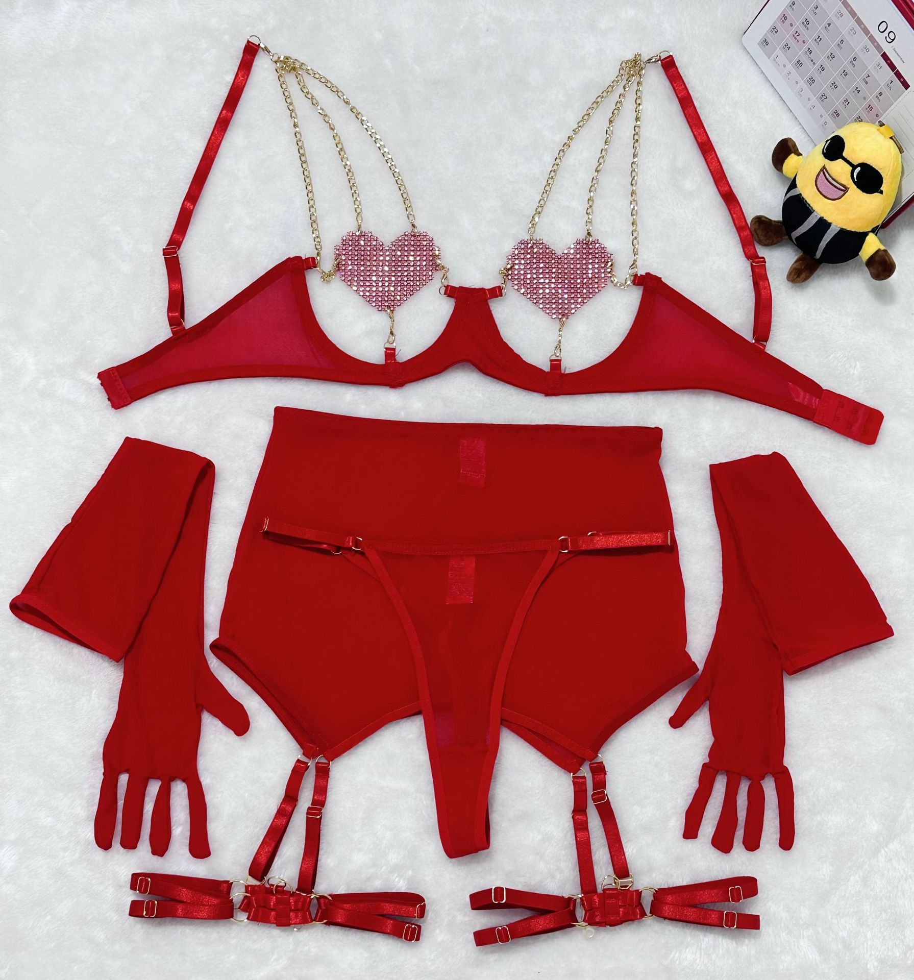 Three-Piece Hollow-Out Heart-Shaped Pasties Metal Chains Alluring Appeal Lingerie Set