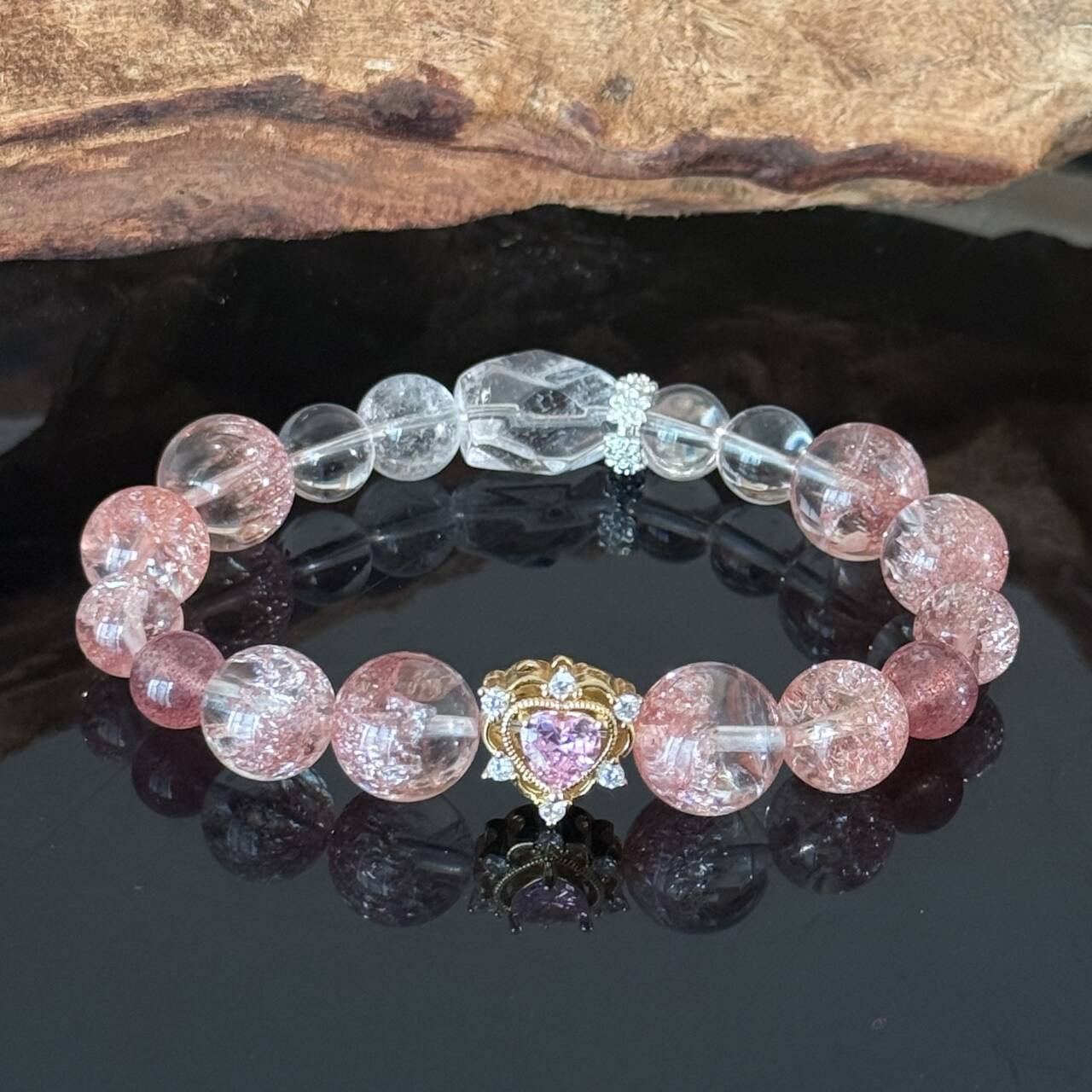 Handcrafted Bracelet featuring Natural Strawberry Quartz and Clear Quartz — Adorned with a Heart Pendant, Infused with Healing Energy and Love