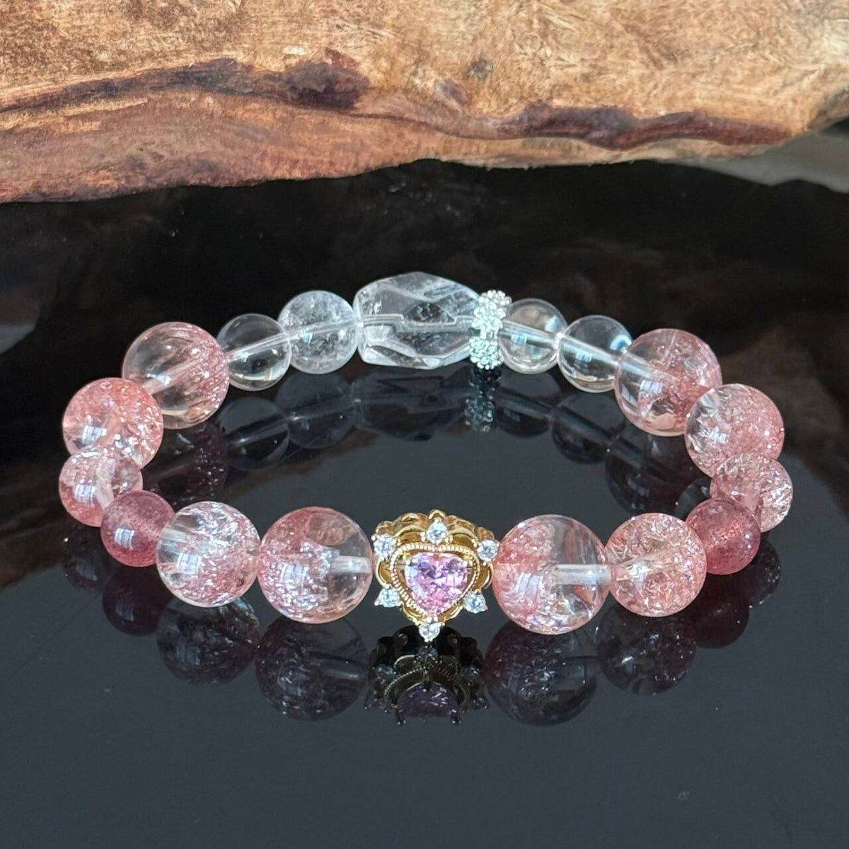 Handcrafted Bracelet featuring Natural Strawberry Quartz and Clear Quartz — Adorned with a Heart Pendant, Infused with Healing Energy and Love