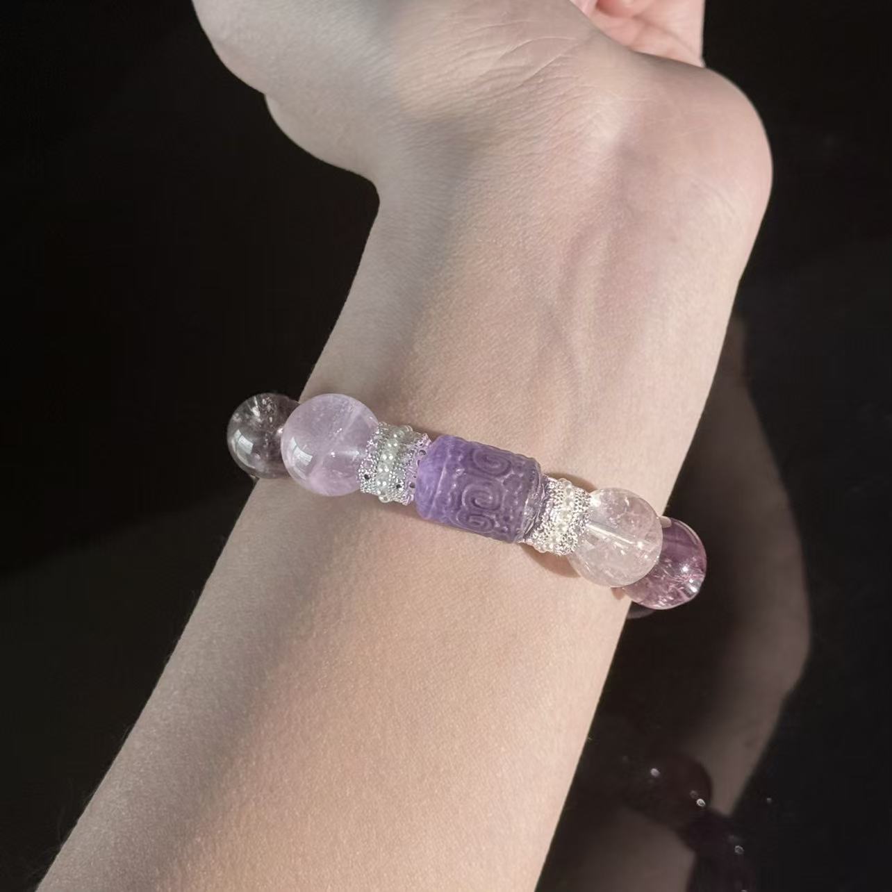 Amethyst and Clear Quartz Bracelet — Handcrafted Healing Energy Beaded Bracelet