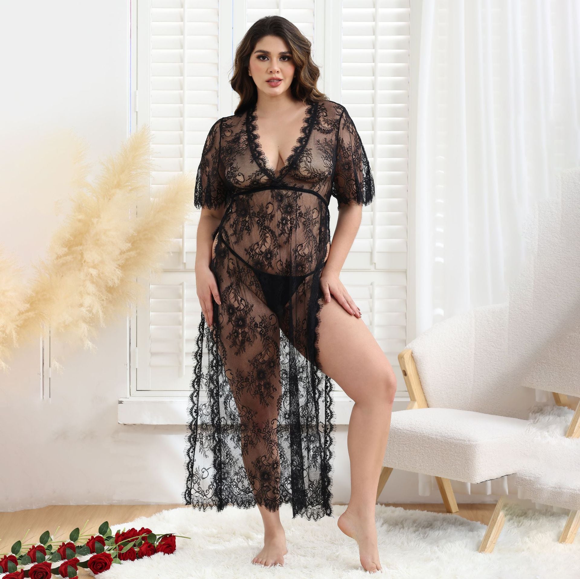 Lace Mesh See-through Big Dress Long-Sleeved Suit