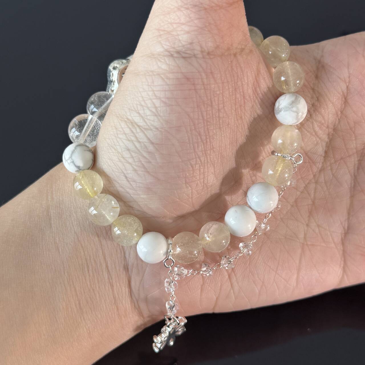 Handcrafted Natural White Crystal & Rutilated Quartz Beaded Bracelet — Adorned with White Turquoise and Crystal Flower Charms — Healing Energy Jewelry