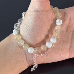 Handcrafted Natural White Crystal & Rutilated Quartz Beaded Bracelet — Adorned with White Turquoise and Crystal Flower Charms — Healing Energy Jewelry