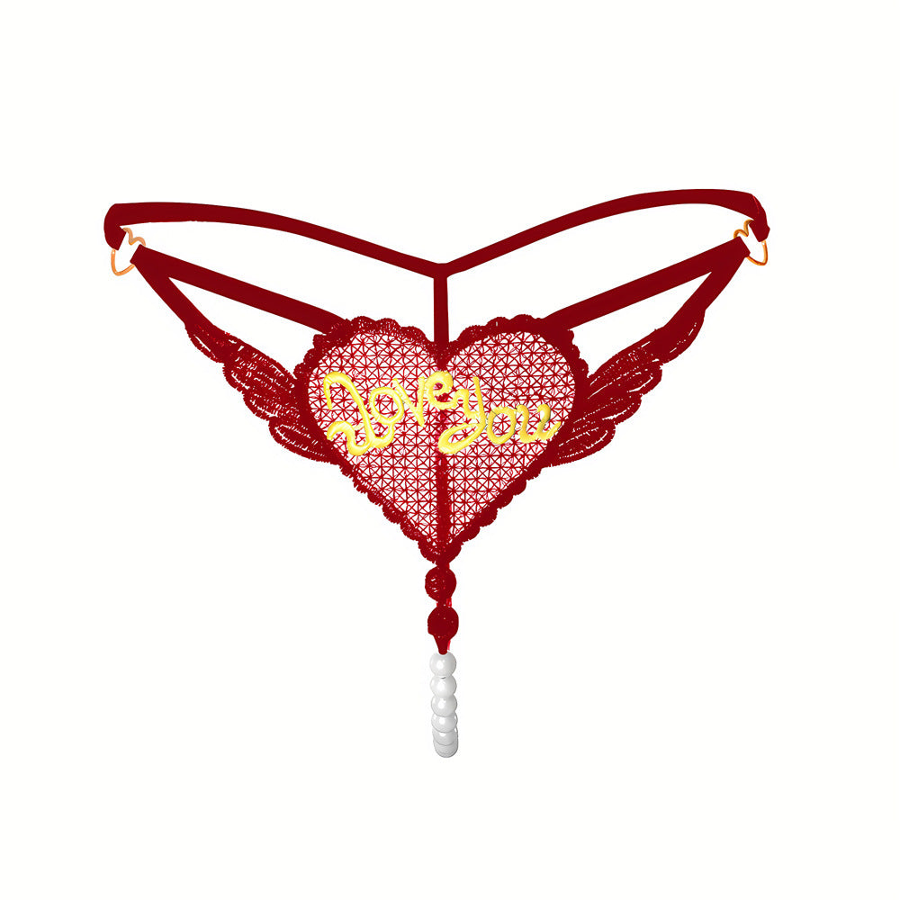 "Love You" Open Crotch Mesh Underwear With Pearls