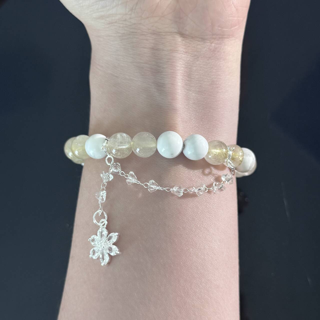 Handcrafted Natural White Crystal & Rutilated Quartz Beaded Bracelet — Adorned with White Turquoise and Crystal Flower Charms — Healing Energy Jewelry