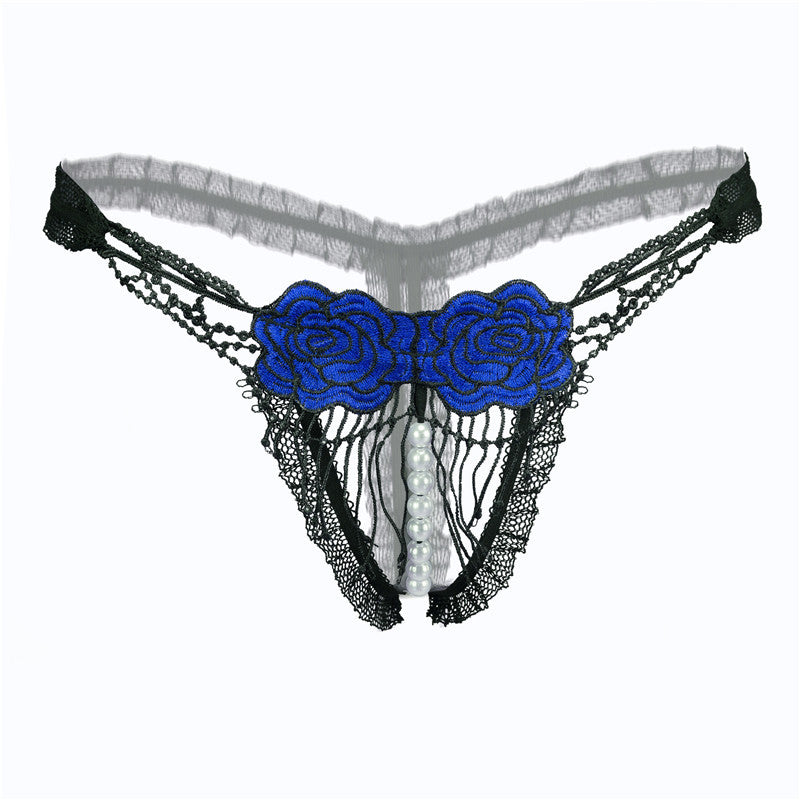 Open Crotch Mesh Flower Embroidery Thong