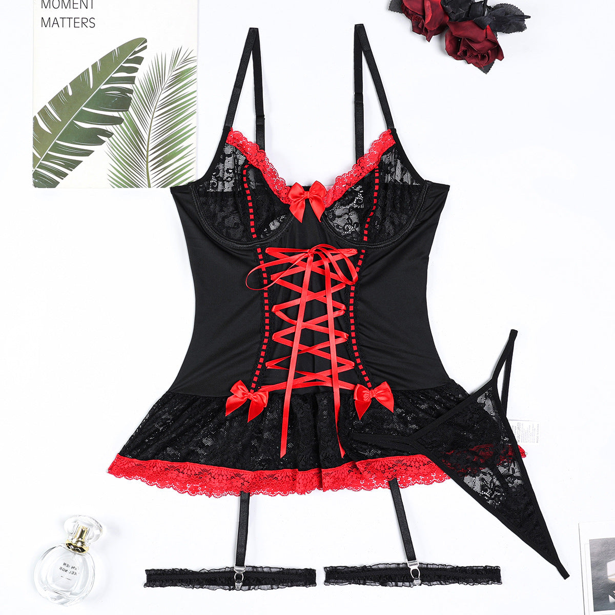 Lingerie Pure Lace Cross Straps Bow Black And White Set