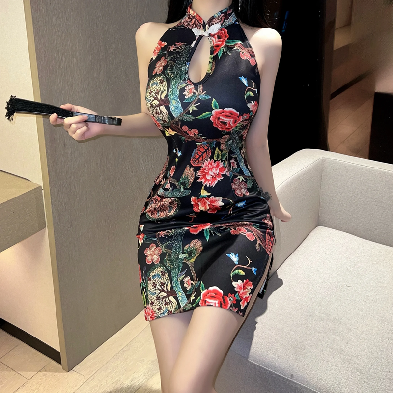 Split Sleeveless Vintage Printed Cheongsam