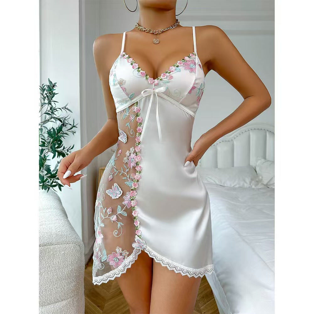 Embroidered Petals See-Through Nightdress Set