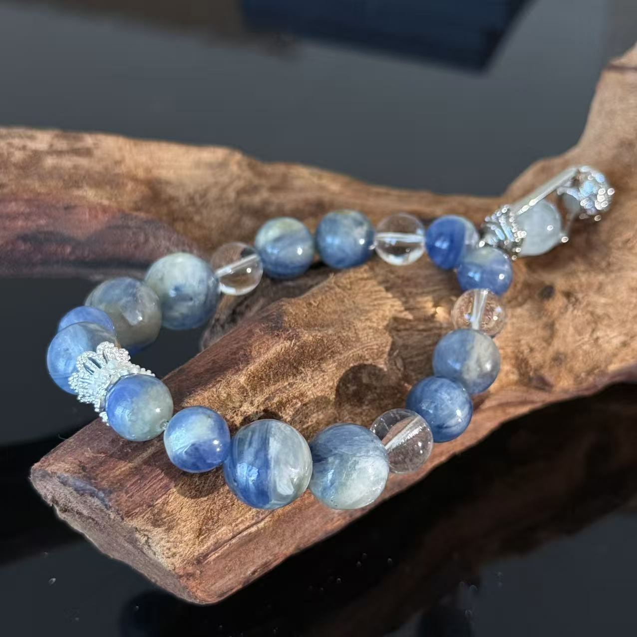 Blue Kyanite & Clear Quartz Crystal Bracelet with Pendant Charm – Handmade Calming Energy Beaded Bracelet