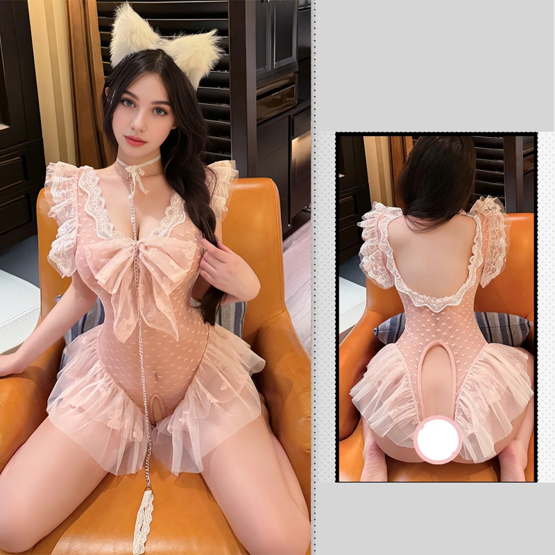 Hand Holding Rope Dot See-through Open Crotch Lingerie Set