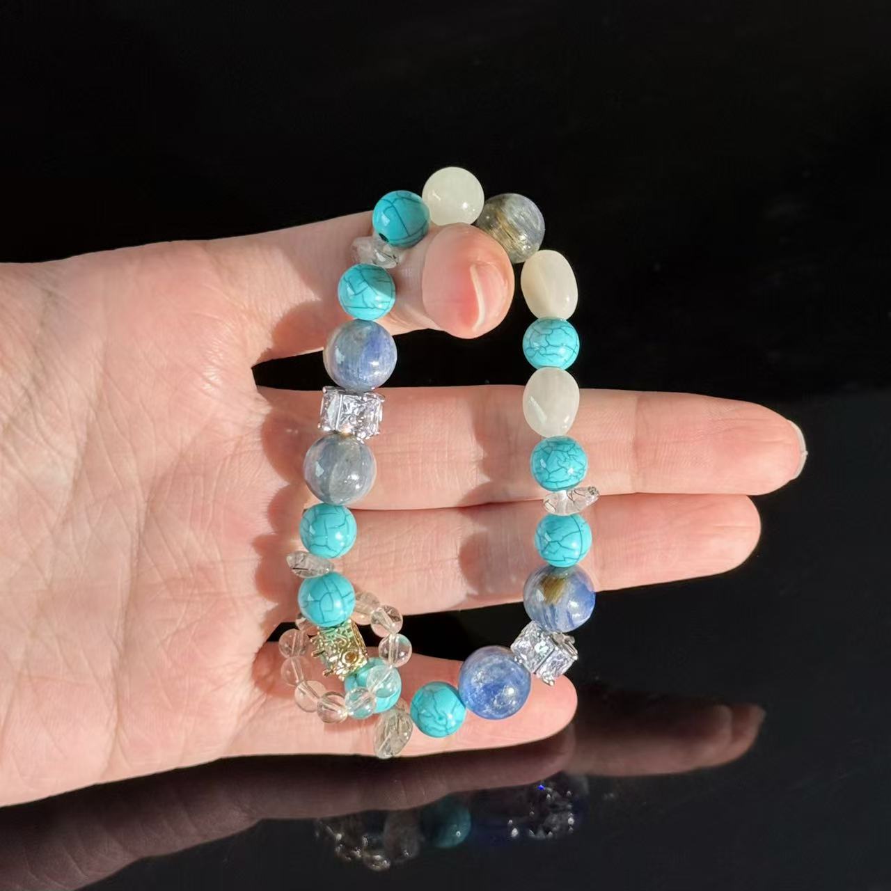 Turquoise, Kyanite, and Clear Quartz Bracelet — Handcrafted Healing Gemstone Bracelet