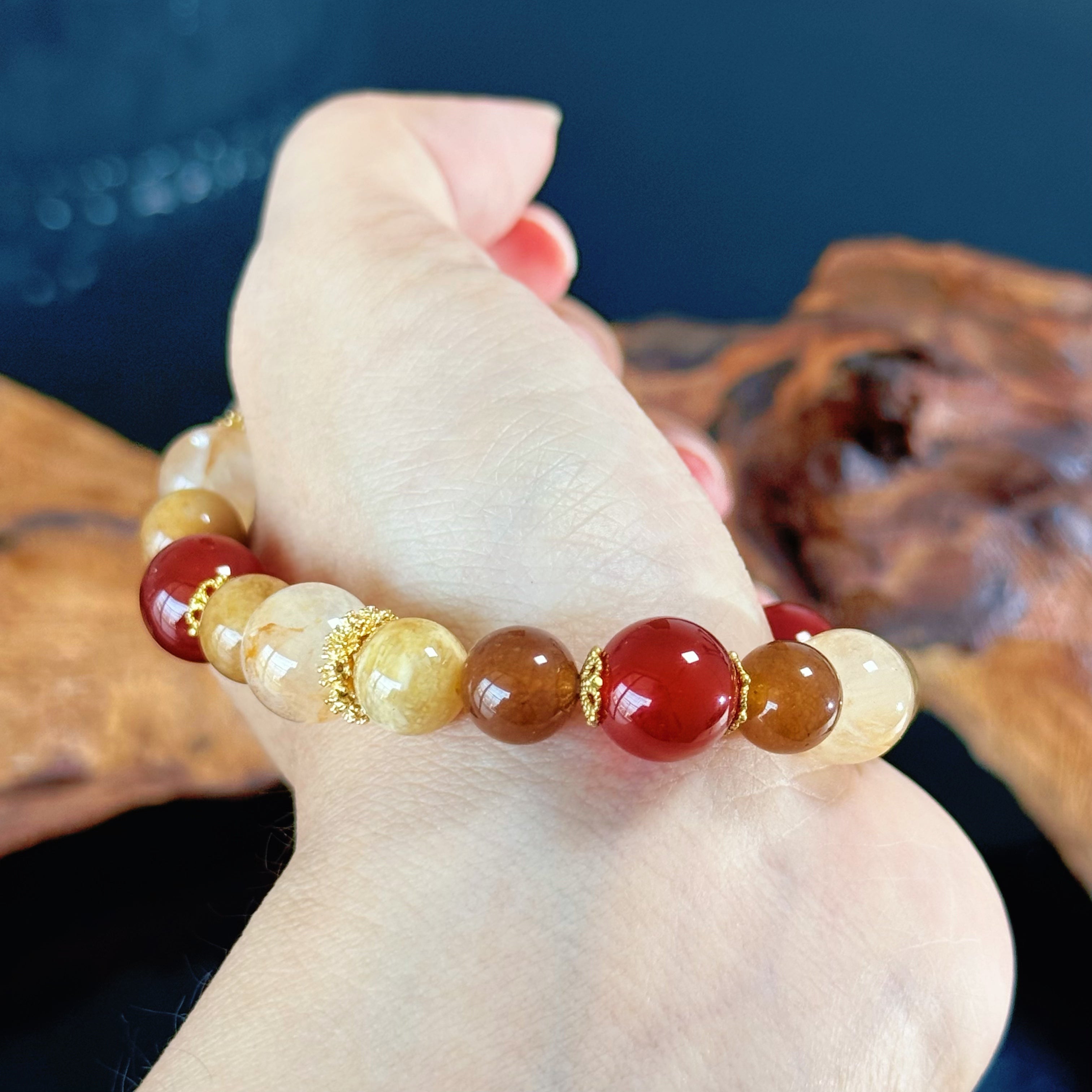 Handmade Multi Stone Crystal Bracelet | Red Agate & Golden Rutilated Quartz Healing Stretch Bracelet