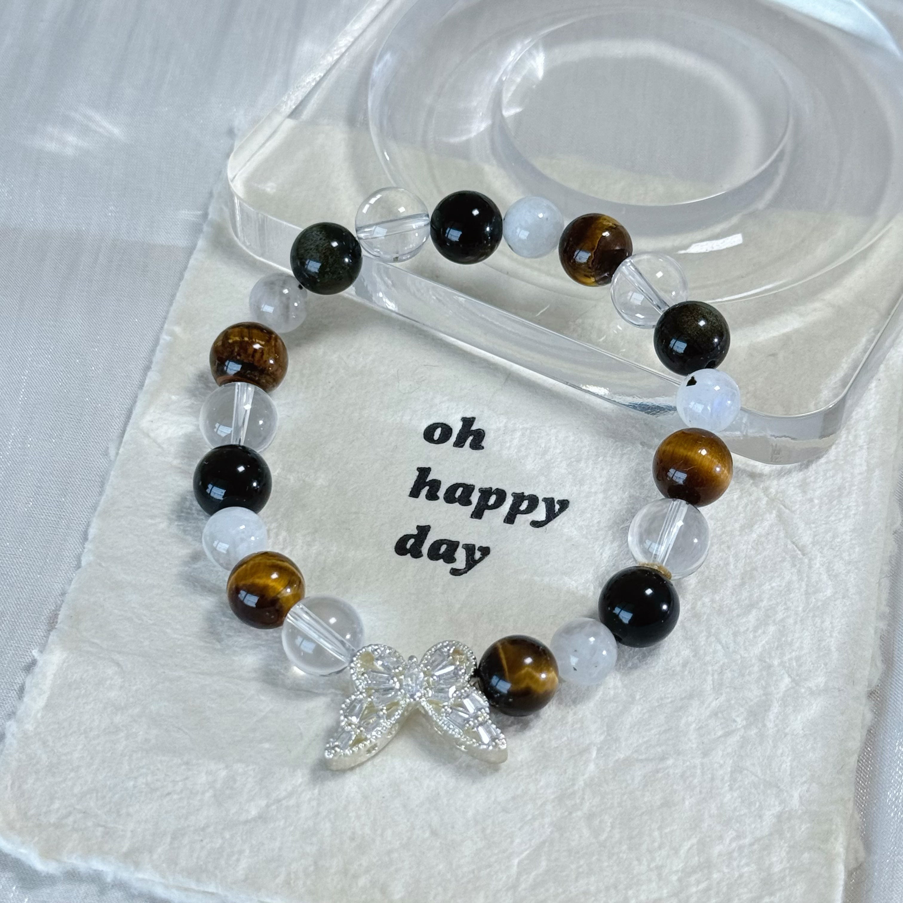 Tiger Eye Obsidian Clear Quartz Butterfly Charm Bracelet