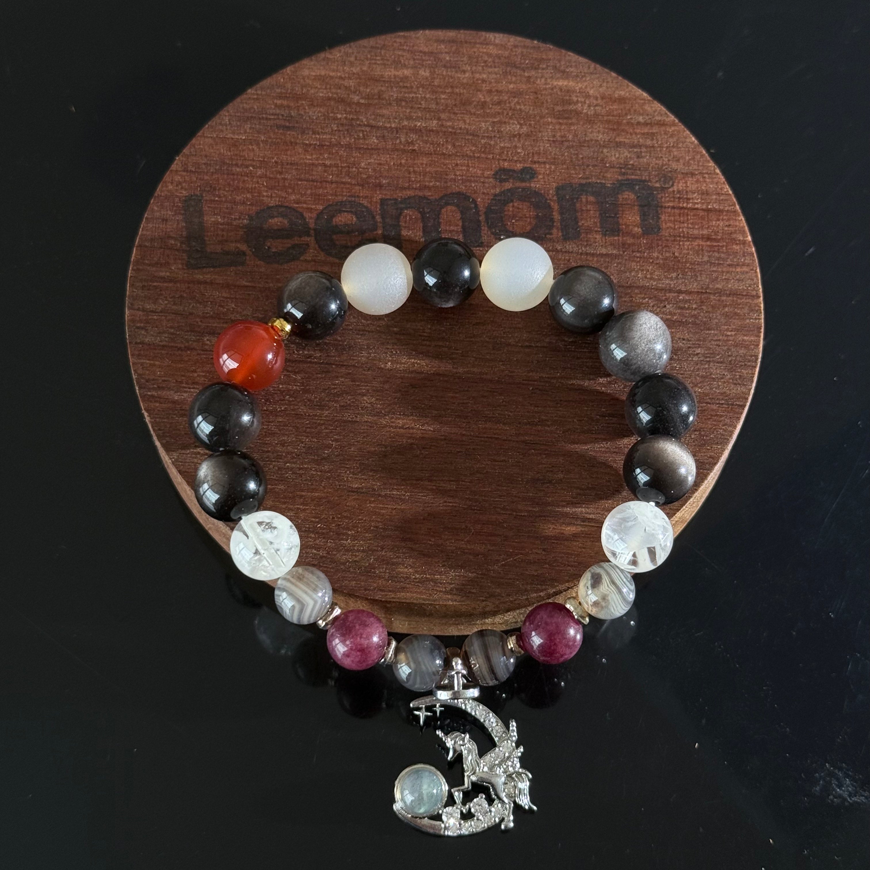 Crescent Moon Unicorn Pendant Bracelet | Multi-Gemstone Natural Obsidian Crystal Bead Bracelet