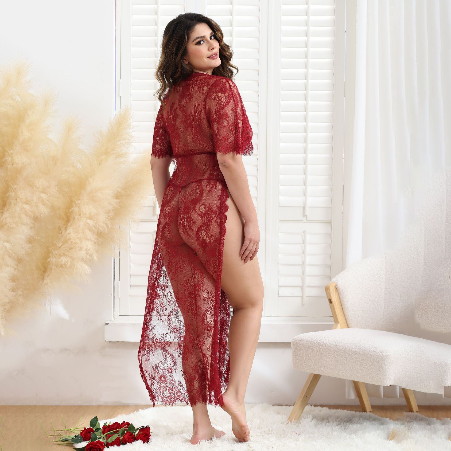 Lace Mesh See-through Big Dress Long-Sleeved Suit
