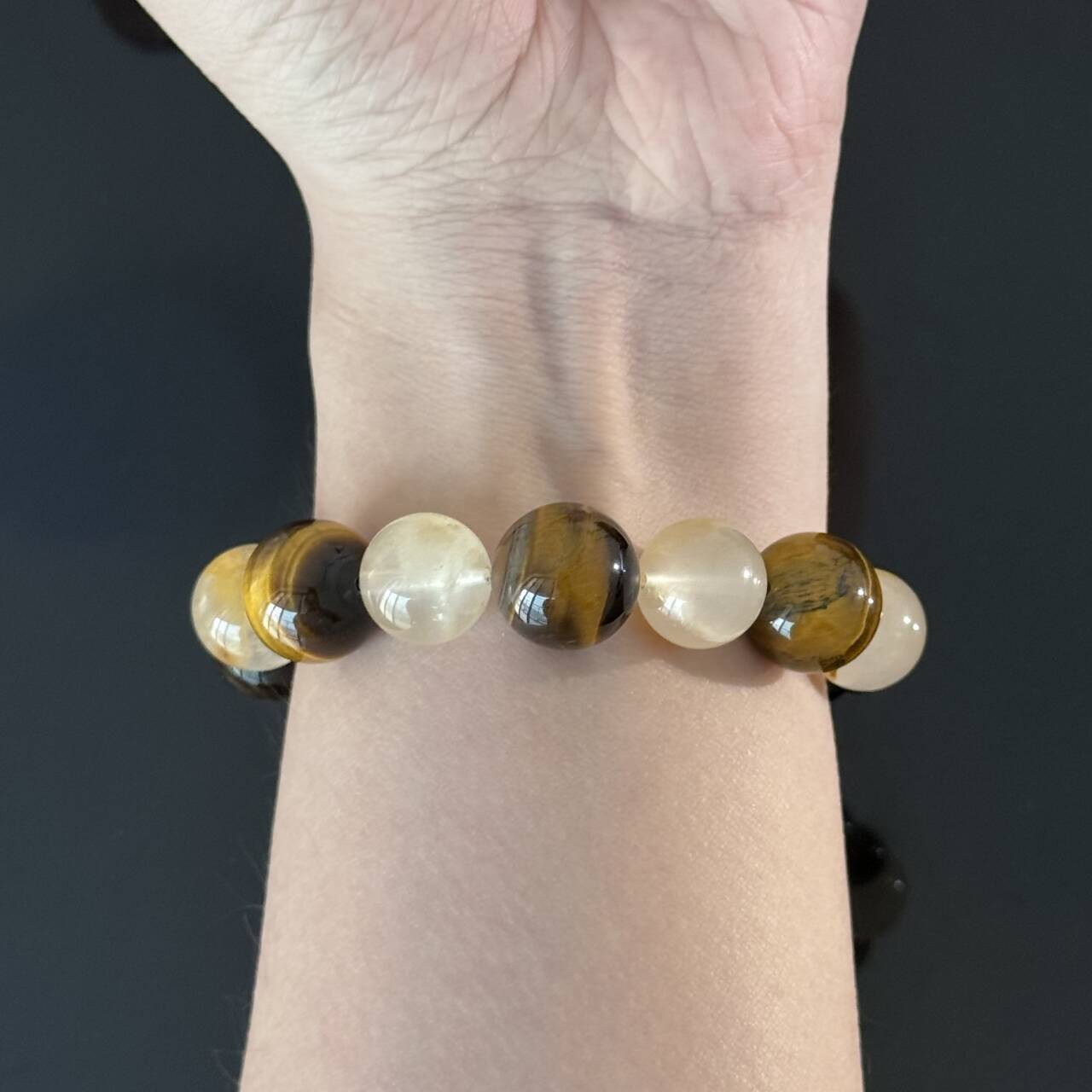 Handcrafted Tiger's Eye & Clear Quartz Beaded Bracelet — Black Agate Protective Energy Stretch Bracelet
