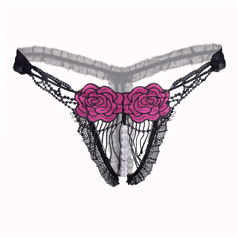 Open Crotch Mesh Flower Embroidery Thong