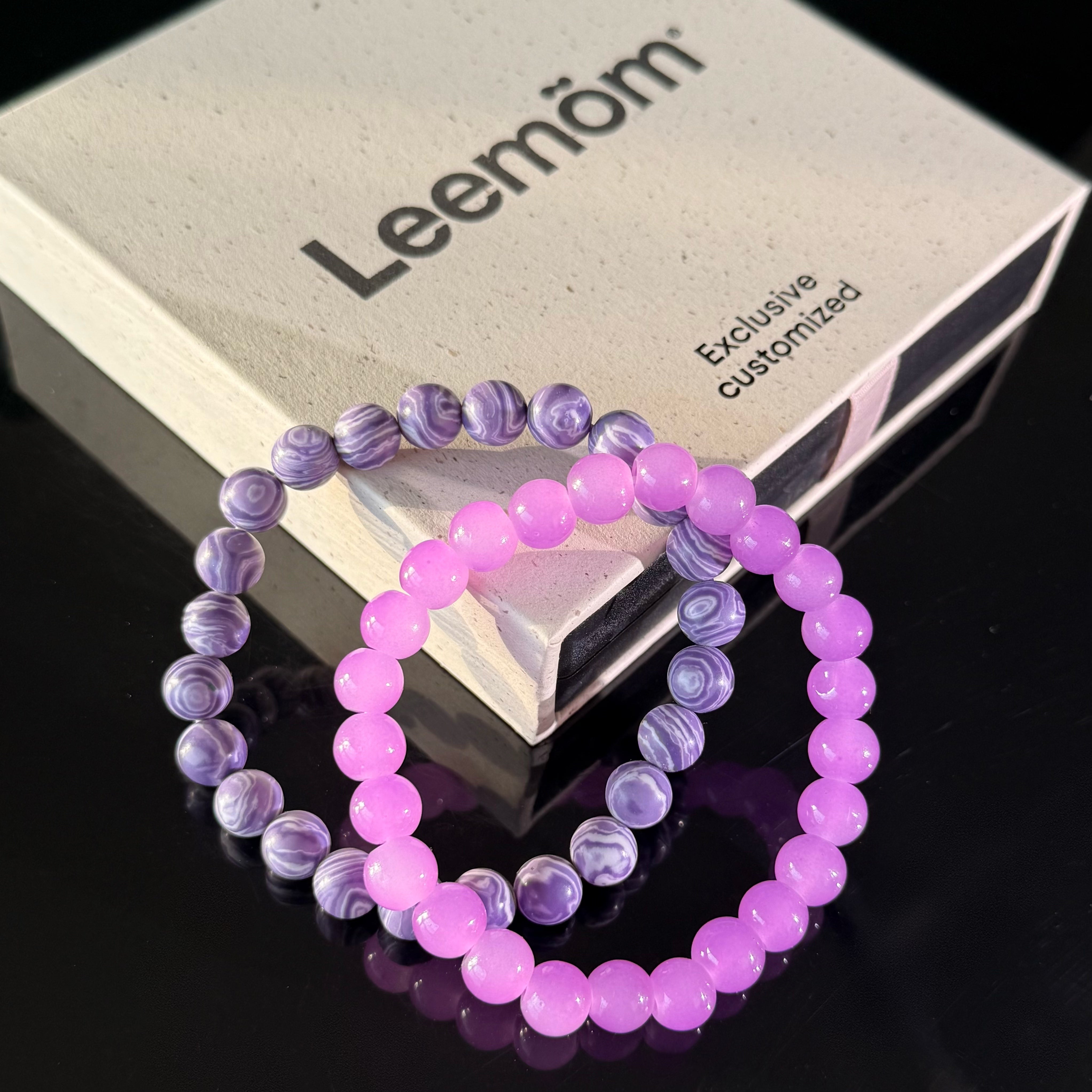 Libra Crystal Bracelet Set – Pink Quartz & Purple Striped Agate Love Bracelet