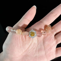 Sunstone, Rose Quartz Citrine Crystal Bracelet – Handmade Healing Beaded Bracelet with Floral Charm
