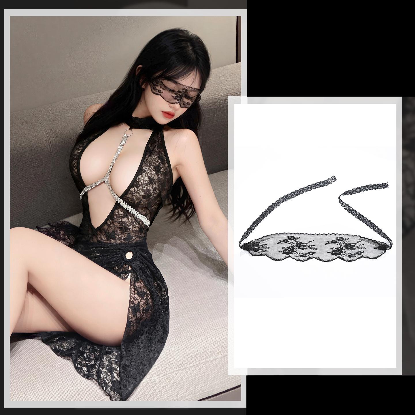 Flash Chain Breastpin Charming See-through Lace Dress
