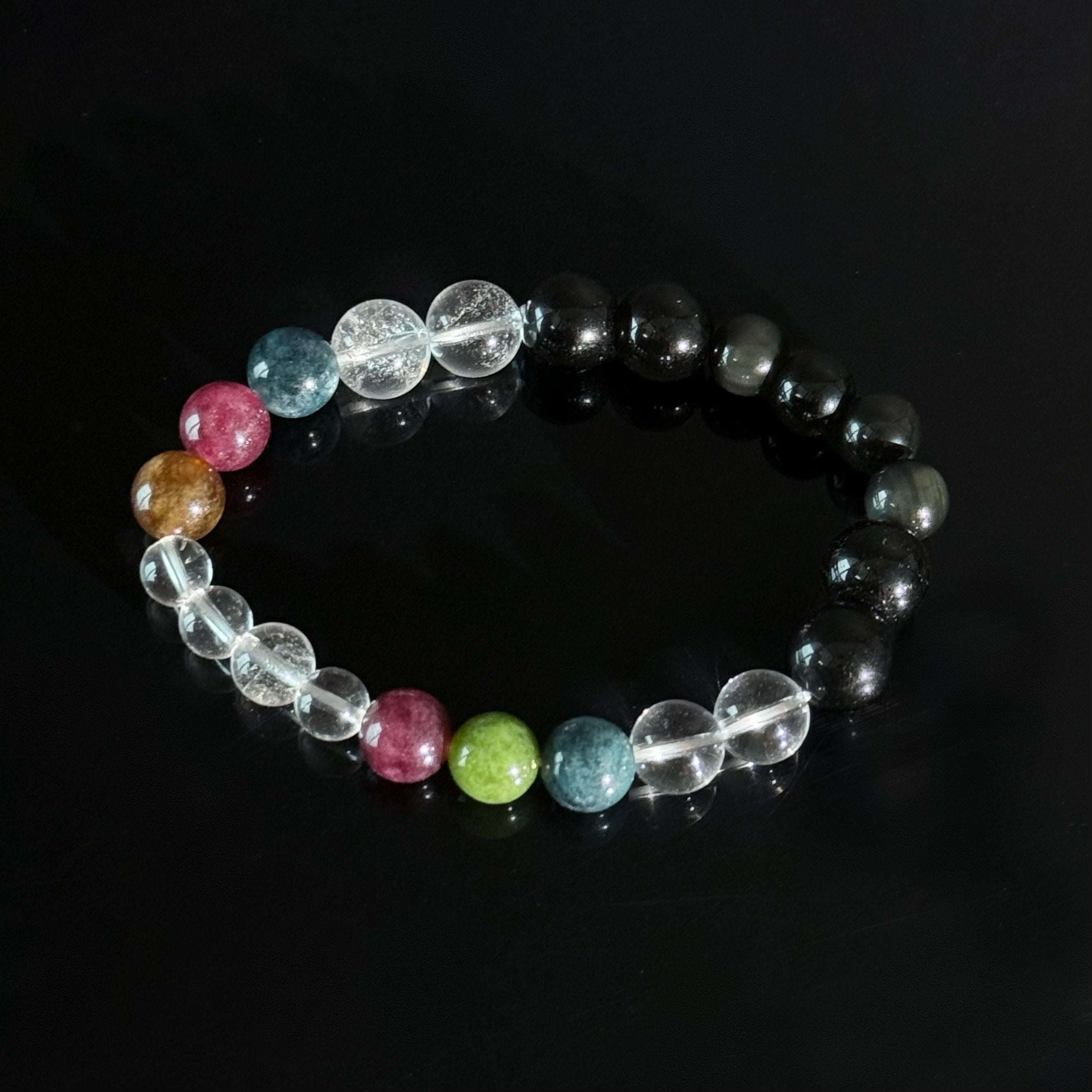 Black Obsidian & Clear Quartz Chakra Bracelet – Protection & Emotional Balance Crystal Bracelet