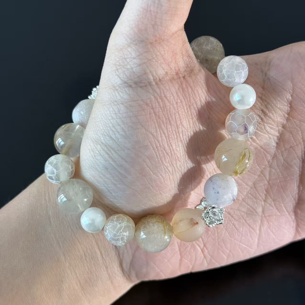 Ethereal White Quartz & Crackle Agate Handmade Bracelet