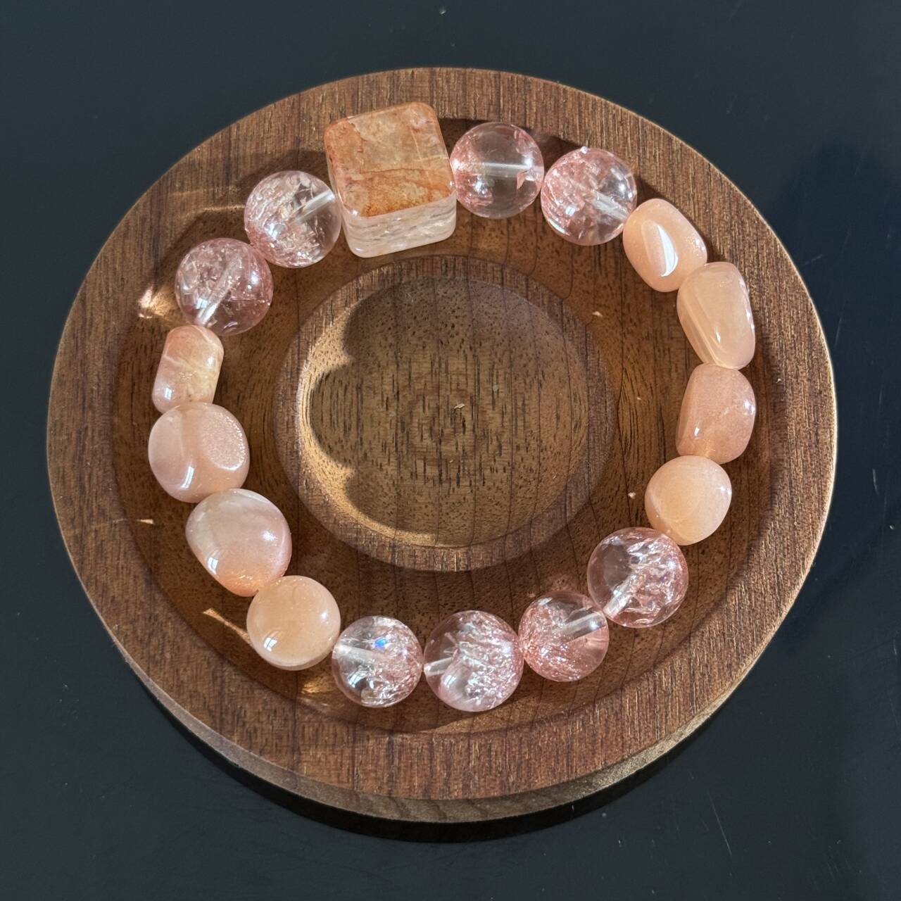 Handcrafted Rose Quartz & Strawberry Quartz Bracelet — Healing Love Energy Beaded Stretch Bracelet Featuring a Center Stone