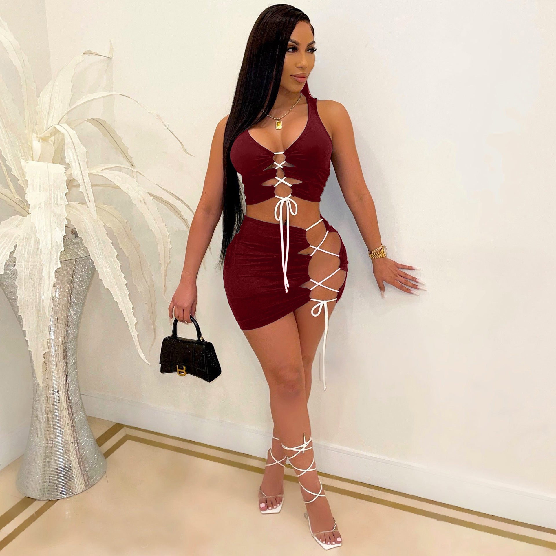 Cross Strap Open Crotch Ultra Short Two-Piece Suit