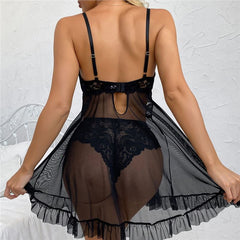 Deep V-Neck Lace See Through Nightdress Set