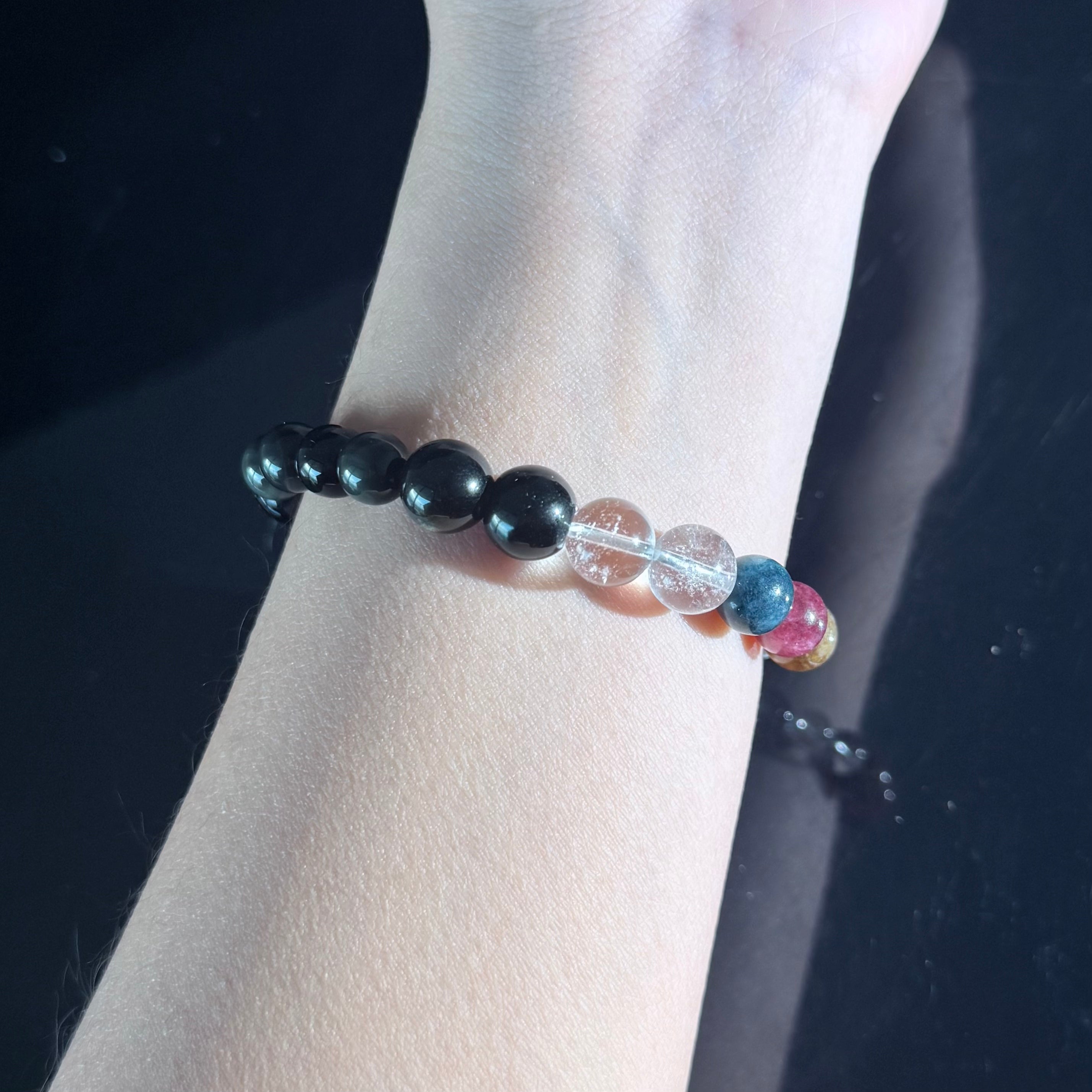 Black Obsidian & Clear Quartz Chakra Bracelet – Protection & Emotional Balance Crystal Bracelet