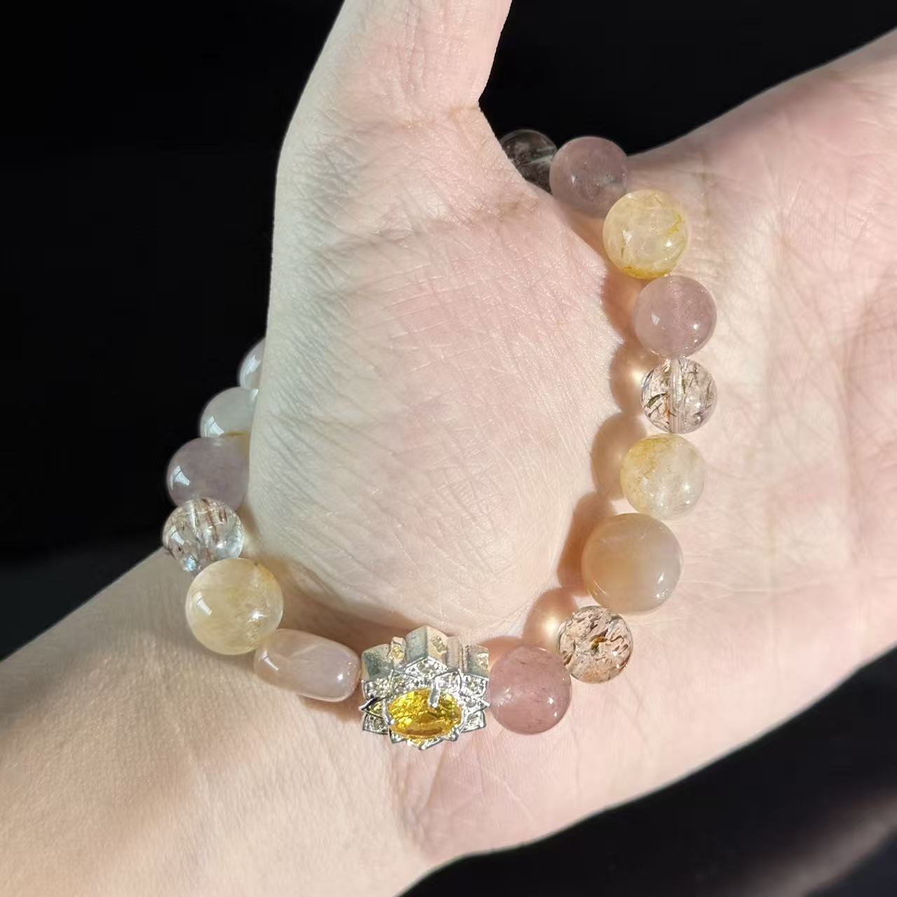 Sunstone, Rose Quartz Citrine Crystal Bracelet – Handmade Healing Beaded Bracelet with Floral Charm