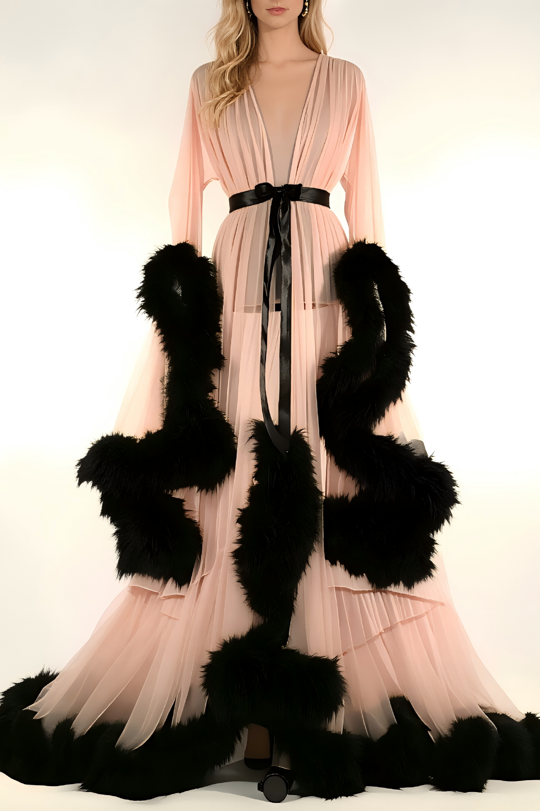 Feather Bell Sleeve Trailing Dress