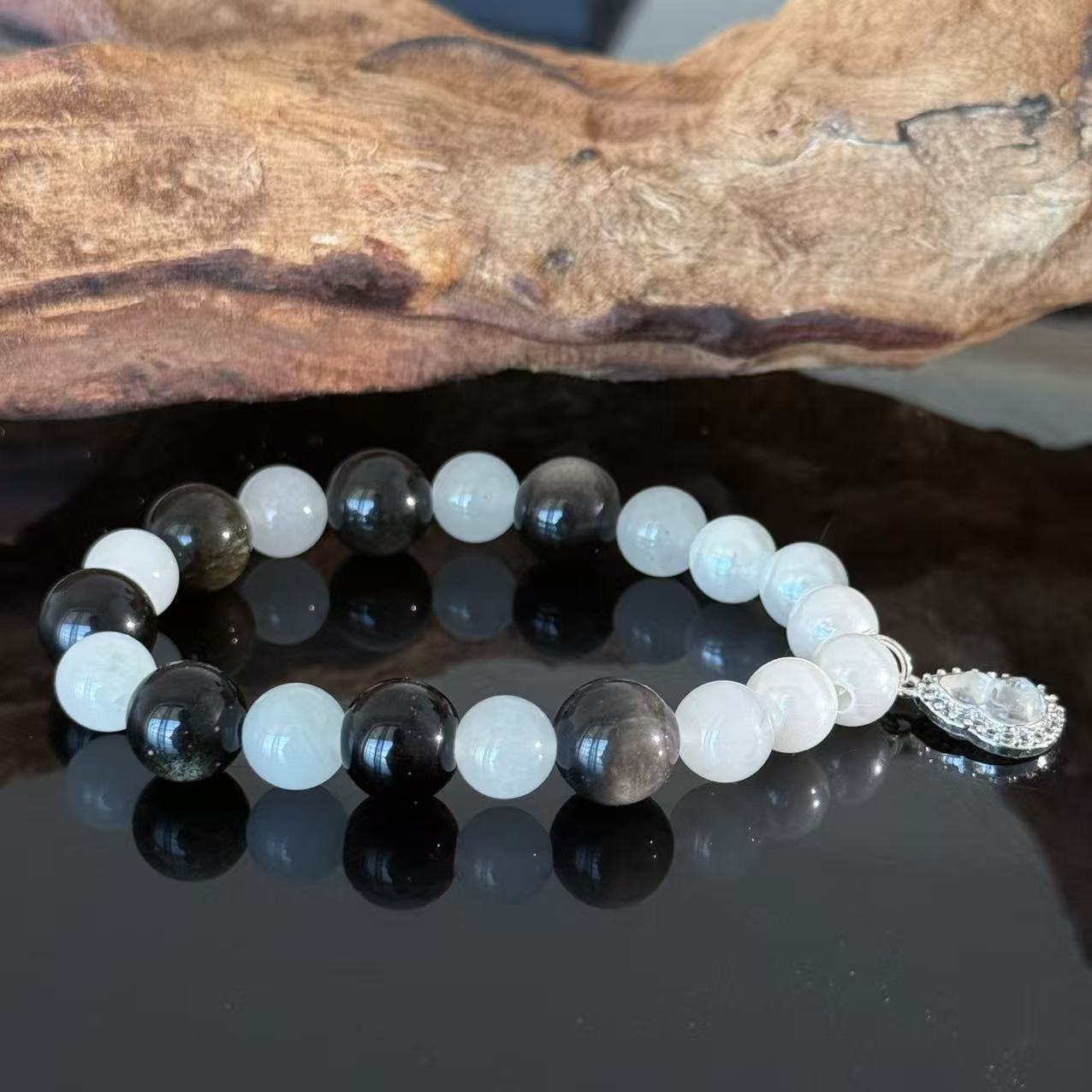 Handcrafted Obsidian & White Moonstone Crystal Bracelet — Guardian & Balancing Gemstone Beaded Bracelet (With Pendant)