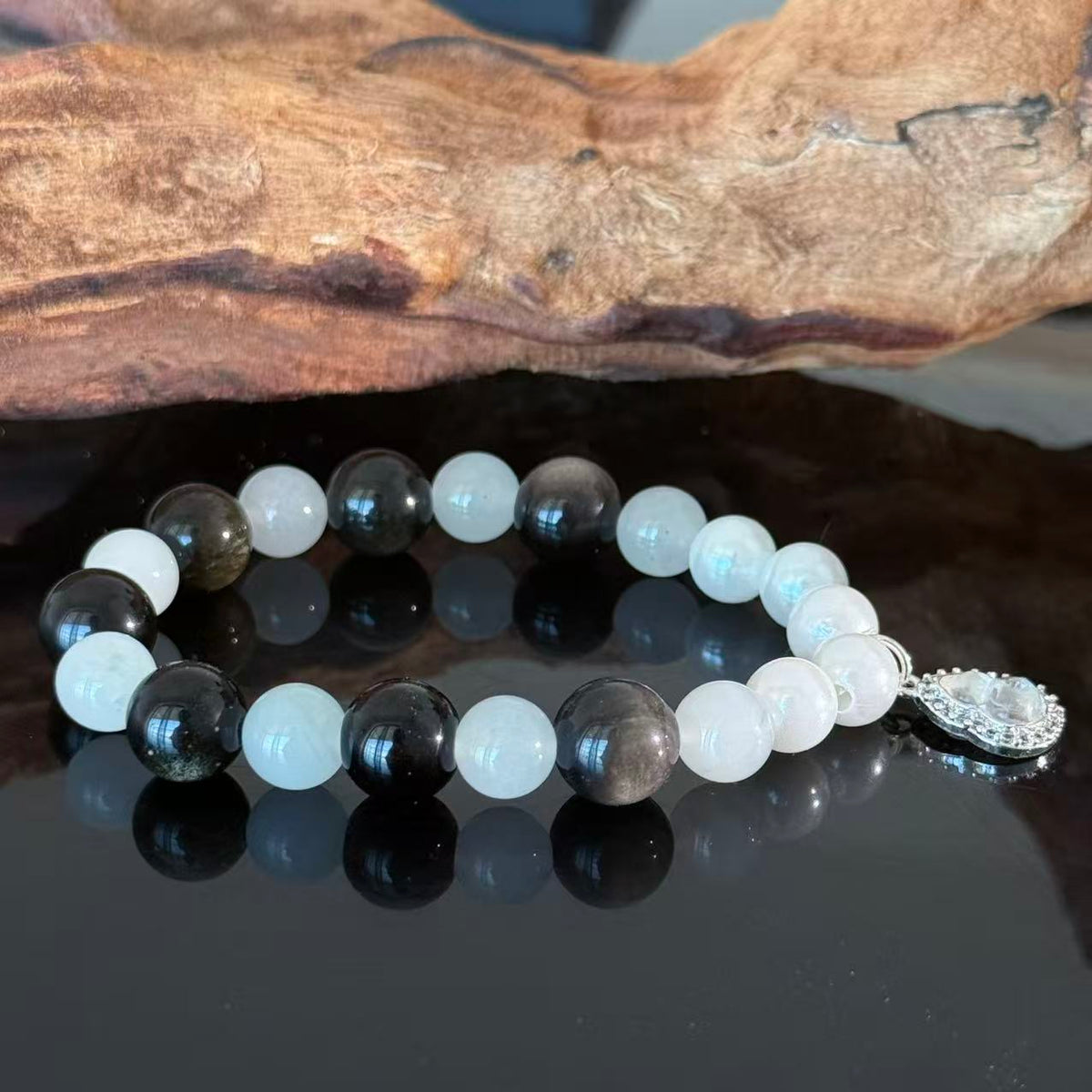 Handcrafted Obsidian & White Moonstone Crystal Bracelet — Guardian & Balancing Gemstone Beaded Bracelet (With Pendant)