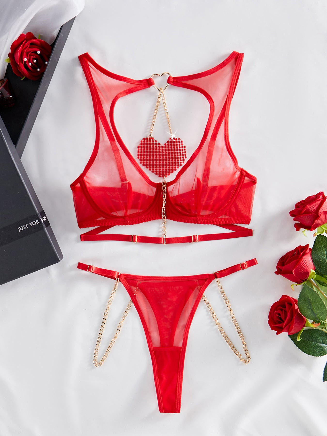 Lingerie Red Love Chain Comfortable Perspective Mesh Fun Two - piece Set